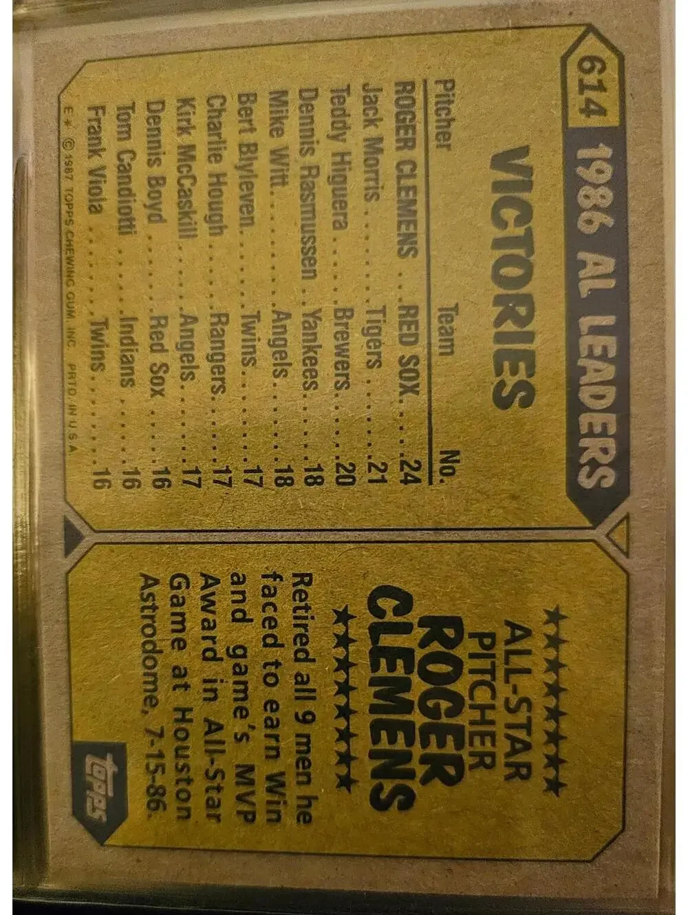 Roger Clemens - 1987 Topps All-Star #614 - Red Sox - RAW Mint
